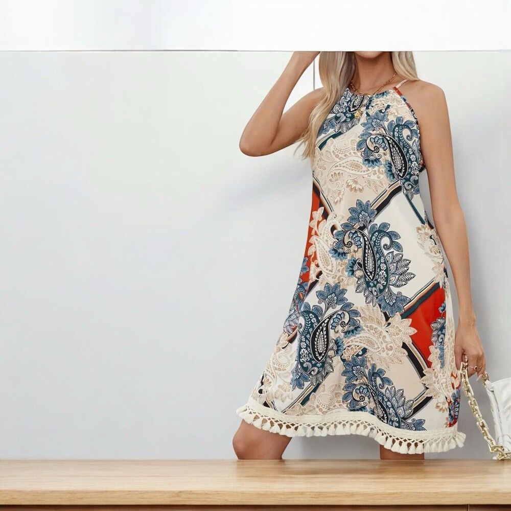 Paisley Print Boho Halter Tassel Dress By Skue Size Large Summer Travel Vacation